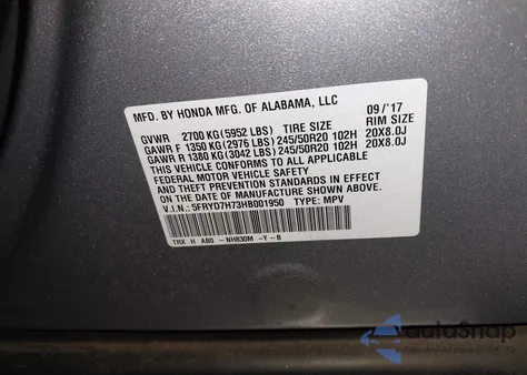 2017 Acura Mdx Sport Hybrid Advance Package z USA, uszkodzony, nr VIN 5FRYD7H73HB001950